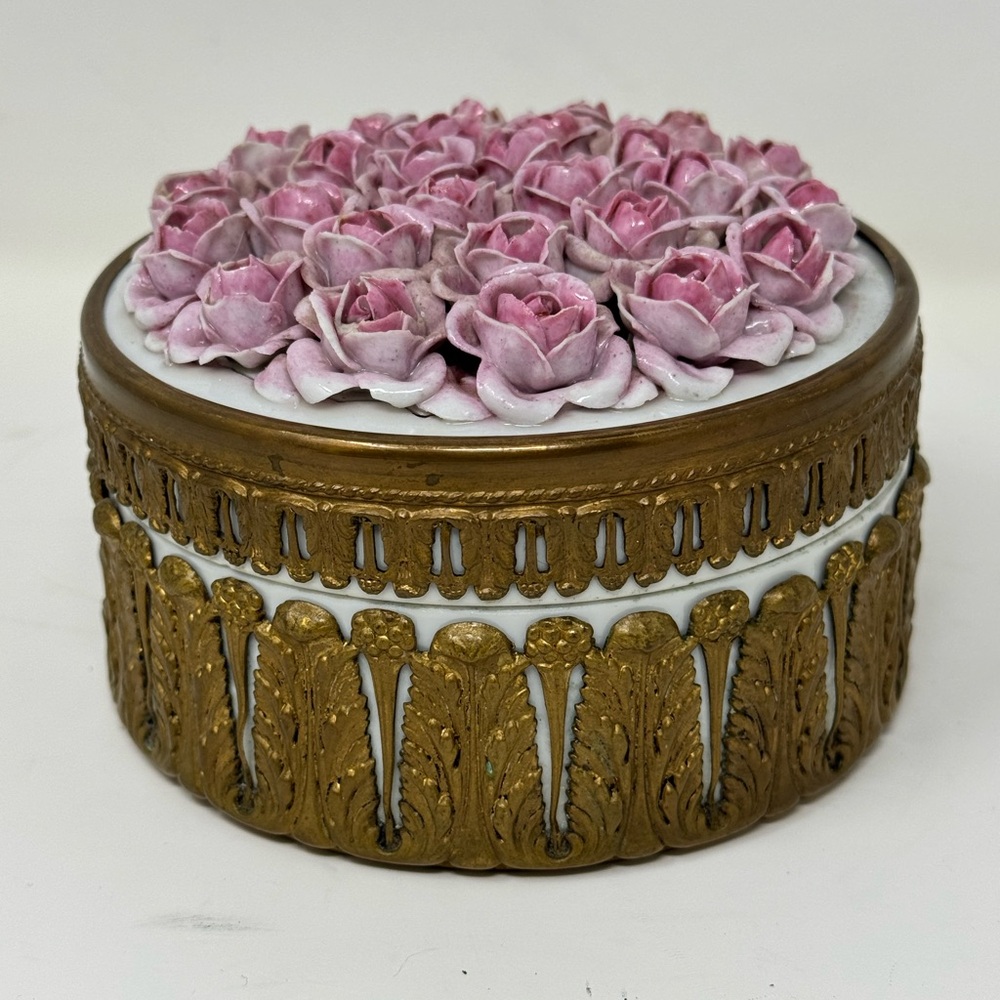 German elfinware bronze ormolu trinket box antique porcelain 5 inches preowned